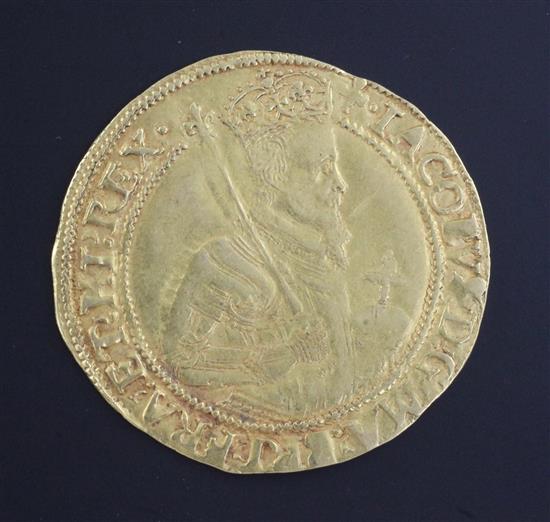 A James I gold Unite, Second coinage, Fourth Bust m.m. trefoil, 1612, VF